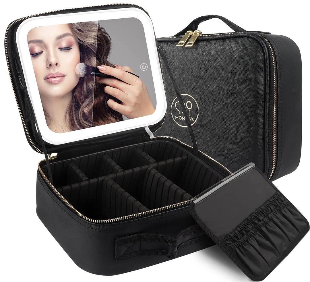 MOMIRA Travel Makeup Bag Cosmetic Bag Makeup Organizer Bag with Lighted Mirror, Adjustable Brightness in 3 Color Scenarios, Waterproof Makeup Train Case, Gift for Women - Black (Small)