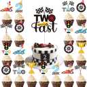Two Fast Cake Decorations - 25 Pcs Race Car Theme Curious Baby 2nd Birthday Cupcake Topper Let's Go Racing Table Decor Trophy Checkered Flag Traffic Light 2 Years Old Party Supplies for Boys
