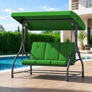 3-Seat Outdoor Porch Swing Glider with Adjustable Canopy, Patio Swings Bed with Removable Cushion for Porch, Backyard, Garden, Poolside, Balcony - Green