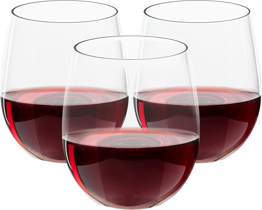FOCUSLINE 32 Pack Plastic Wine Glasses Stemless, 12 Oz Crystal Clear Disposable Wine Cups, Reusable Plastic Wine Glasses for Parties Weddings, Shatterproof Recyclable and BPA-Free (12OZ-32-CLEAR)