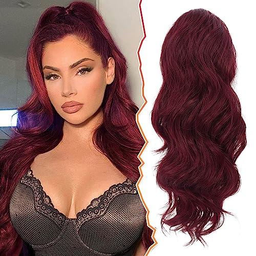 BARSDAR Burgundy Red Ponytail Extension - 16 Inch Wavy Drawstring Ponytail Hair Extensions for Women - Voluminous Natural Looking Synthetic Clip in Pony Tails Hairpieces - Burgundy