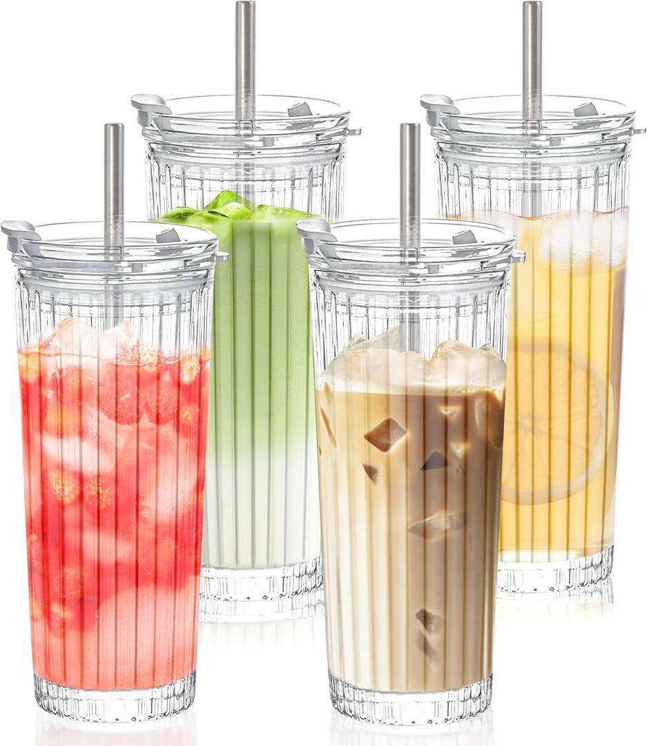 18 oz Ribbed Glass Tumbler with Straws and Lids 4 Pack Glassware Set Thickened Glass For Matcha Iced Coffee Juice Cocktails Drinking Glasses Tumbler