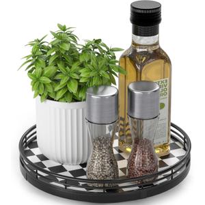 Black and White Kitchen Lazy Susan Turntable  Checkered Round Decorative Tray, 9" Table Top Oak Wood Lazy Susan for Cookies, Dining Table Organizer, Small Kitchen Table Centerpiece