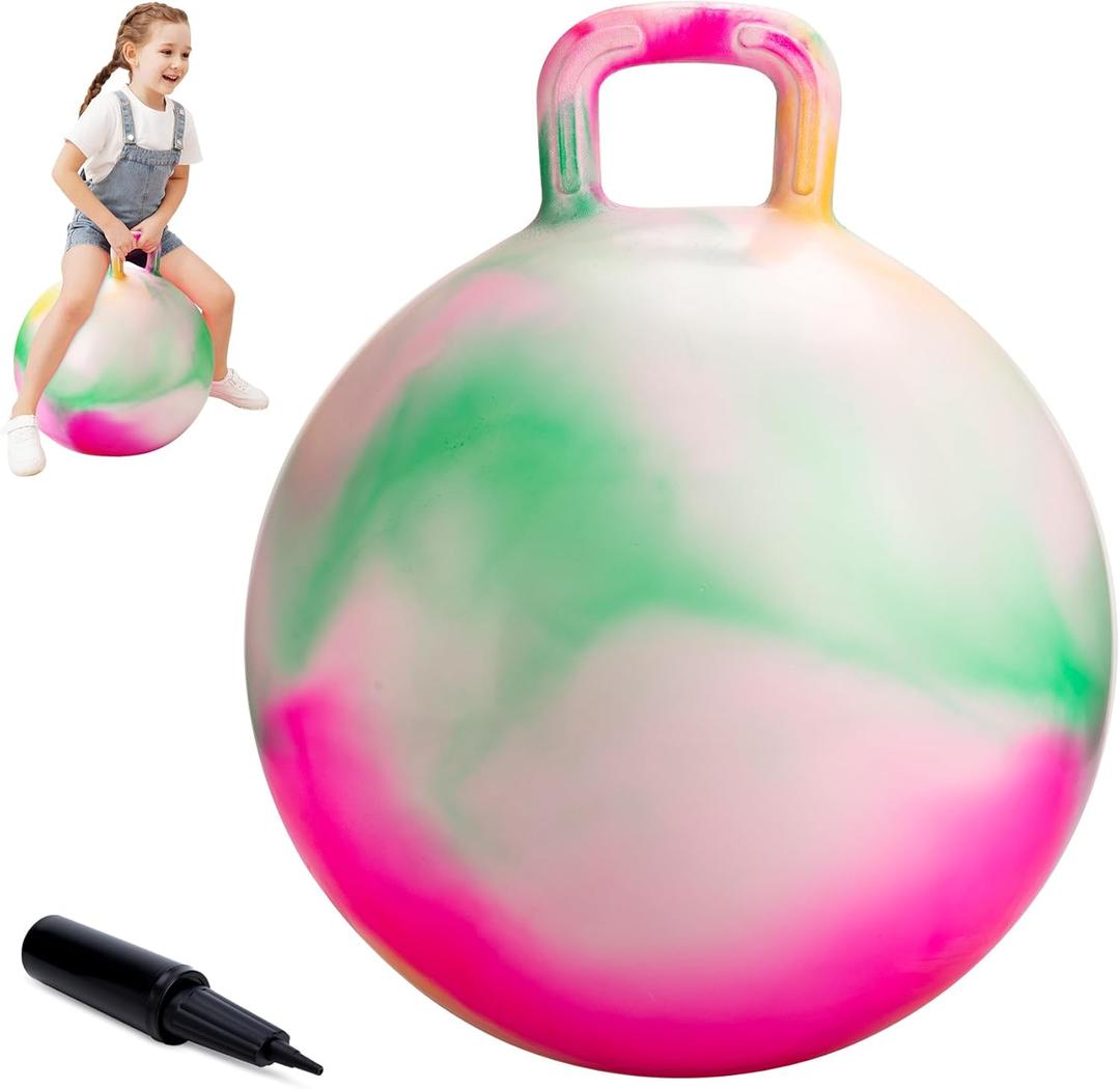 ZOOJOY Hopper Ball for Kids, 18 Inch Bouncy Ball with Handle, Clouds Girl Toys for Indoor Outdoor Active Play, Best Inflatable Balance Hopping Toys for Girls Boys Gifts 3 4 5 6 7 8 Years Old (Green+pink Clouds)