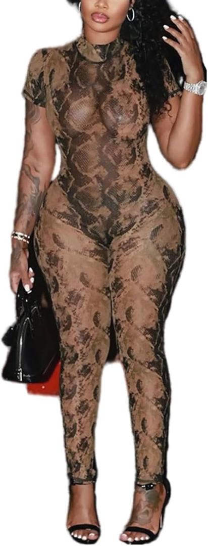 Women Sexy Bodycon Jumpsuit - See Through Mesh One Piece Party Club Outfit Summer Print Body Suit Backless Pantsuit (Large, Snakeskin)