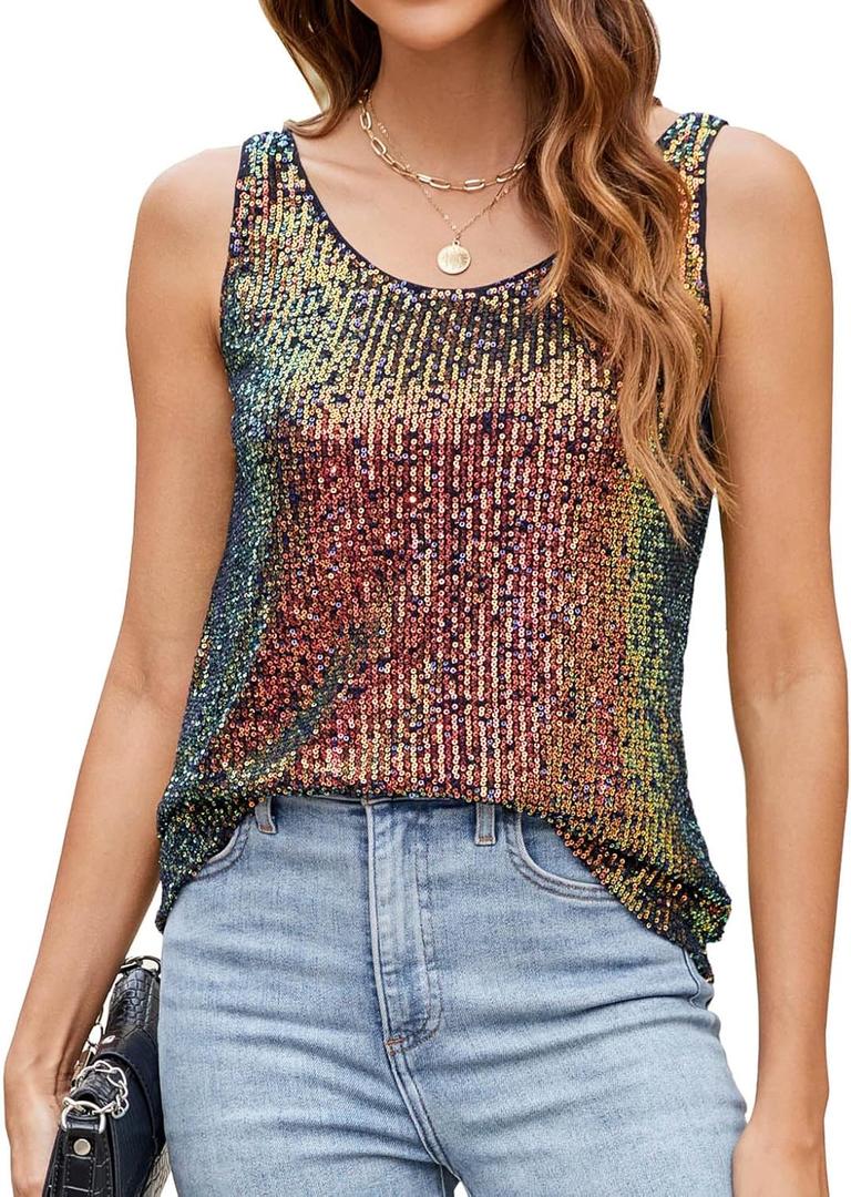 Ainuno Sequin Tops for Women Sparkly Loose Tank Tops Sleeveless Sparkle Tanks Fashion Outfit Top (Medium, Shiny Color)