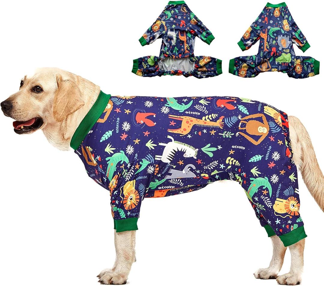 LovinPet Big Dog Outfits, Anti Licking, Dog Wound Care/Surgery Recovery Clothes, Lightweight Stretch Jersey Knit, Animal Kingdom Blue Print, Large Breed Dog Clothes, Pet PJ's/XL (Green)