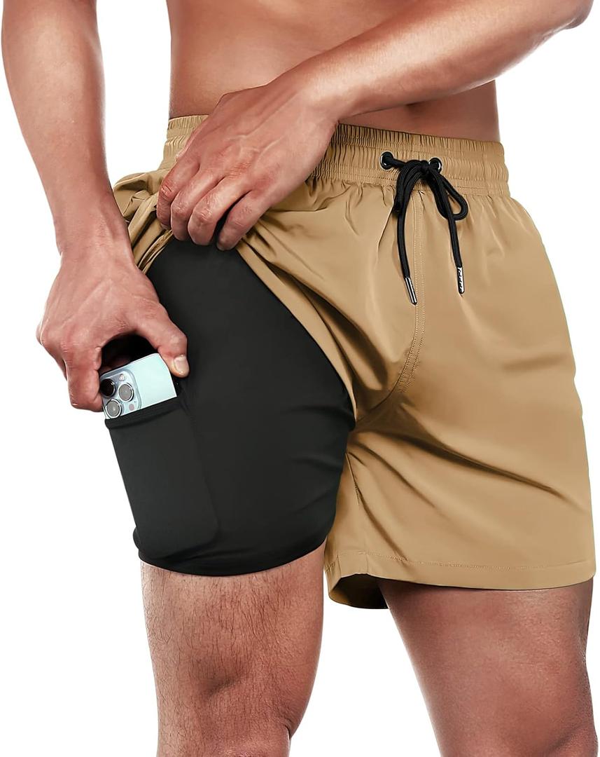 BRISIRA Mens Swim Trunks Swim Shorts Quick Dry 5 inch Inseam Beach Shorts with Compression Liner and Zipper Pocket (36, Khaki)