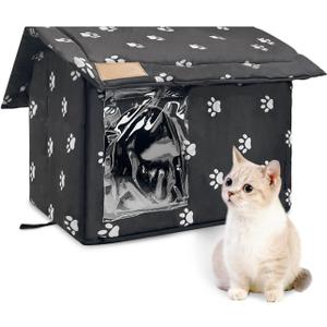 Fhiny Stray Cats Shelter, Waterproof Outdoor Cat House Foldable Warm Pet Cave for Winter Wild Animal Tent Bed Anti-Slip Kitten Cave for Feral Cat Dog Puppy Weatherproof Black (S:13.4"11.8"13.7")