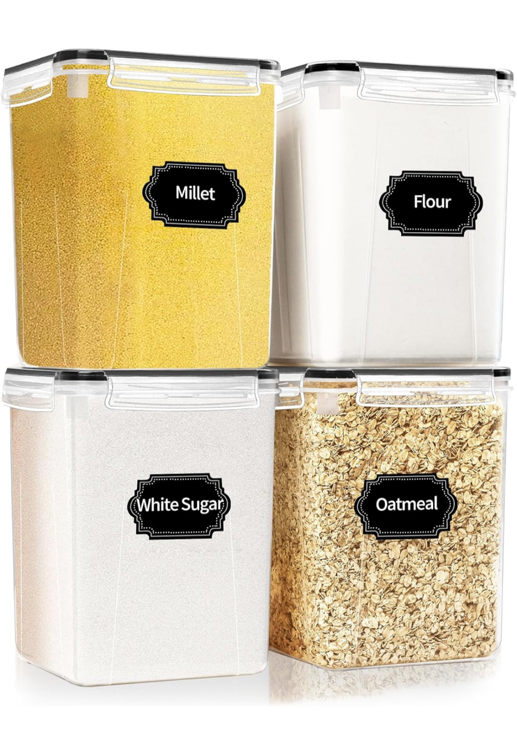 4 Pack Large Airtight Food Storage Containers with Lids (5.2L / 176oz), BPA Free Plastic Kitchen and Pantry Organization Contianers for Cereal Flour and Sugar Storage, Labels & Marker