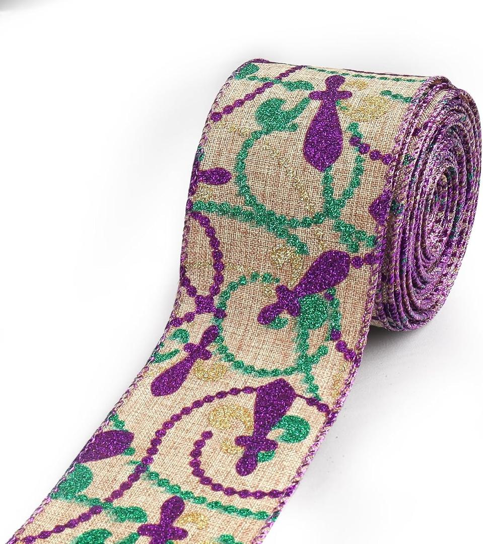 Mardi Gras Ribbons for Crafting, Mardi Gras Wired Edge Ribbon Glitter Natural Burlap Ribbon Bow Fat Tuesday Fleur de Lis Wired Ribbons for Carnival Sewing DIY Crafts Supplies (Style 2: Linen Fleur ribbon)