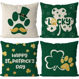 GAGEC St Patricks Day Pillow Covers 18x18 Inch Set of 4 Funny Dog Paws Throw Pillowcase Green Shamrock Home Sofa Pillowcase Happy St. Patrick's Day Farmhouse Decoration Cushion Cases
