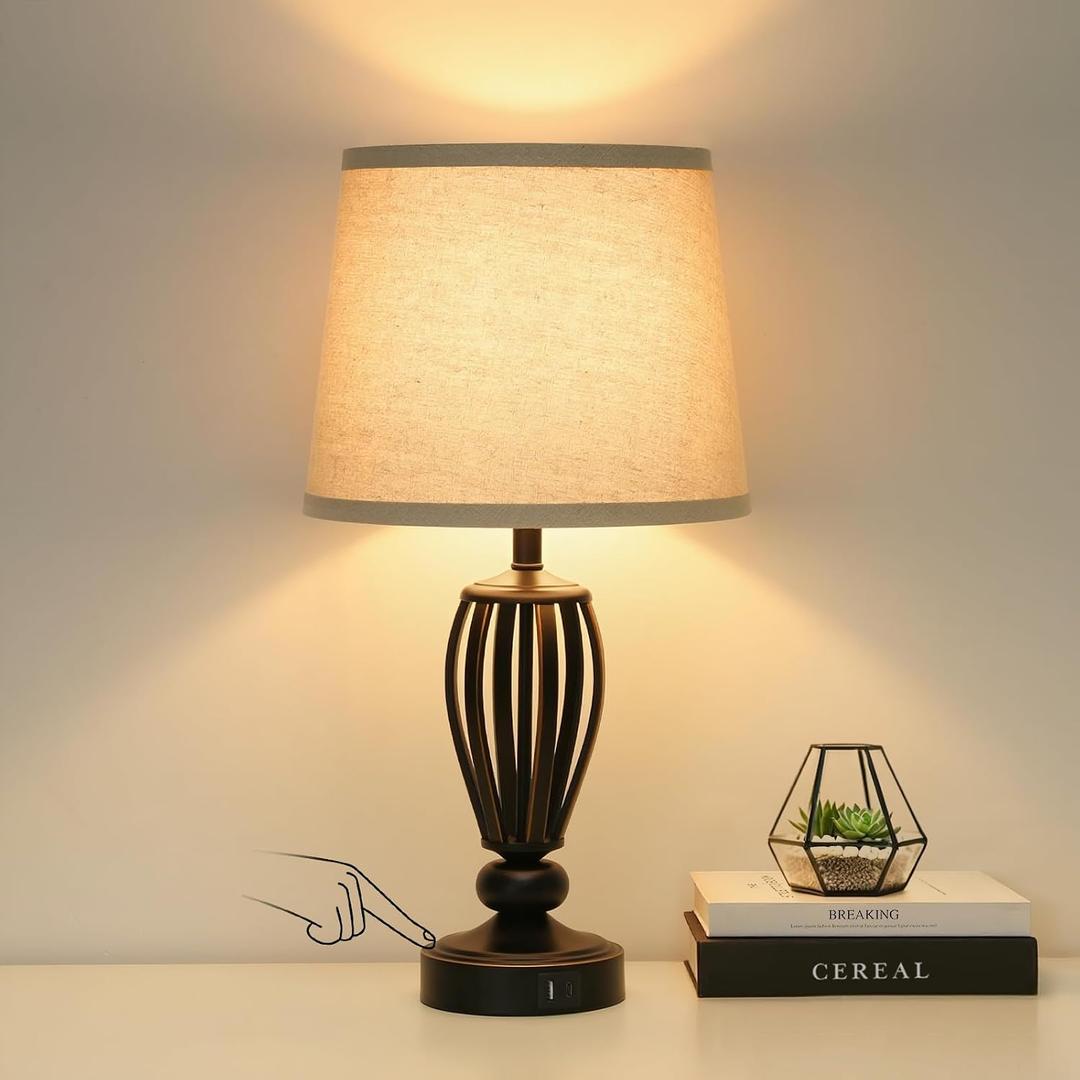 USB Bedside Lamp, 3-Way Dimmable Touch Table Lamp with USB C+A Charging Ports Industrial Table Lamp Black Metal Base Farmhouse Reading Lamp for Bedroom, Living Room, Office or Study LED Bulb Included