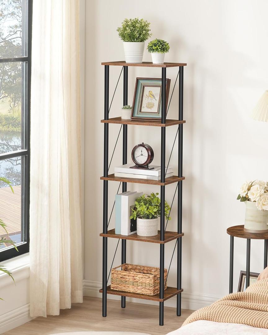 Narrow Bookshelf, 5-Tier Corner Bookcase, Storage Shelf for Small Space, Bolt-and-Nut Structure, for Living Room, Bedroom, Kitchen, Study, Balcony, Rustic Brown and Black TCJ05BF