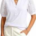 Women Tops Henley V Neck Button Up Shirt Embroidered Short Sleeve Blouses Dressy Casual Clothes Summer Outfits, 2XL