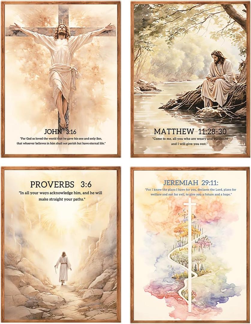 SHVCHBK Christian Jesus Wall Art Set of 4 Canvas Prints Motivational Earth Tone Verse and Bible Stories Scripture Canvas Painting Wall Art for Living Room Bedroom Church Decoration 12x16in unframed (Beige)