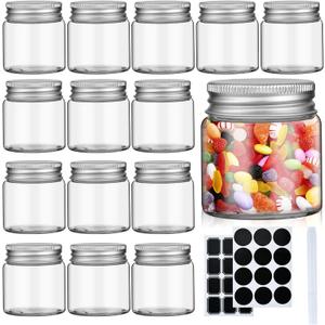 2oz Mini Mason Jars, 15 Pack Wide Mouth Clear Glass Jars with Lids, Labels and Marker Pen, Great Sealing Mason Canning for Food Storage, Spice, Jam, Honey, Jelly