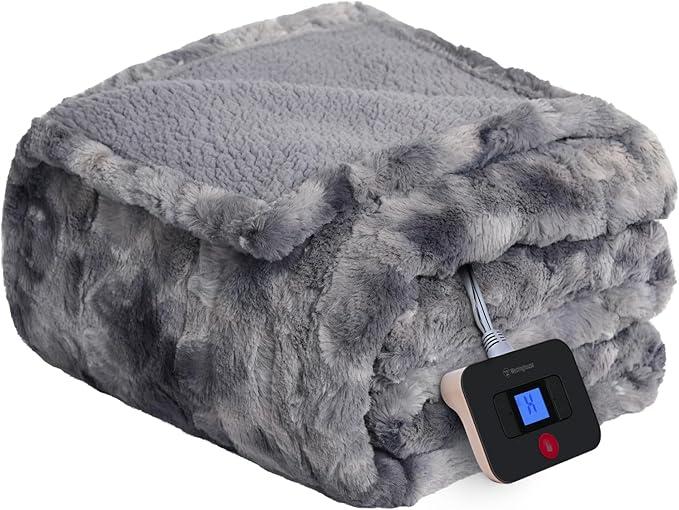 Westinghouse Electric Blanket Twin, Faux Fur Heated Blanket with 10 Heating Levels & 1-12 Hours Auto Off, Soft Cozy Sherpa Heated Blanket Washable Blanket (62" x 84" Twin Size, Grey)