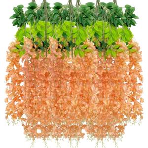 24 Pack Orange Wisteria Hanging Flowers Garland, 3.77 Feet Artificial Flower Vines, Fake Wisteria, Artificial Vines Hanging Garland for Backdrop Outdoor Yard Garden Decor