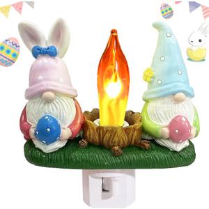Gnomes Campfire Flickering Nightlight, Rabbit Night Light Plug into Wall Easter Night Light with Switch, Gnomes Decorations for Home (Easter Gnomes)
