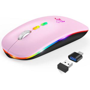 HOTLIFE LED Wireless Mouse, Slim Rechargeable Wireless Bluetooth Mouse, 2.4G Portable USB Optical Computer Mice with USB Receiver and Type C Adapter (Pink)
