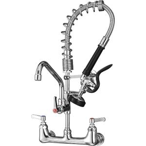 Commercial Faucet with Sprayer 21" Height 8" Center Wall Mount Kitchen Sink Faucet Brass Constructed Polished Chrome Pre-Rinse Device with Spring and 8" Add-on Spout