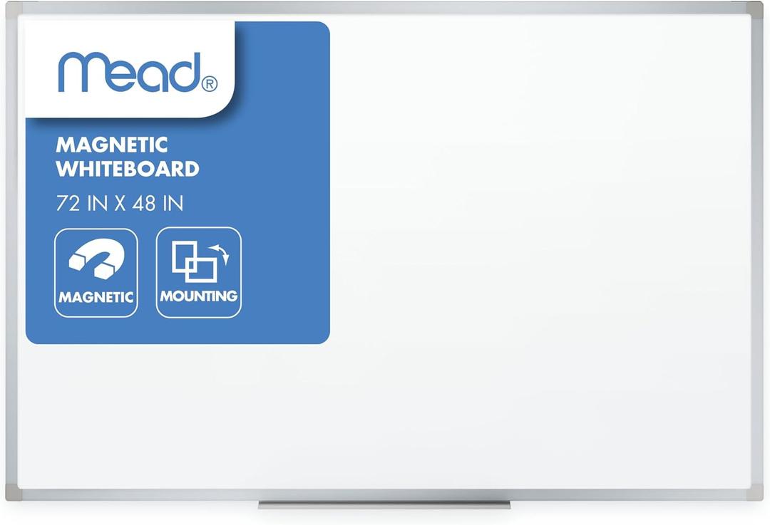 Mead Dry Erase White Board, 72" x 48" Magnetic Whiteboard for Horizontal or Vertical Mount, White/Silver (SM85358)