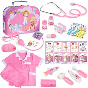 Magic4U Kids Doctor Costume Kit with Real Working Stethoscope and Carry Case, 34 Pieces Pretend-n-Play Realistic Medical Dr Toys for Toddler Boys Girls