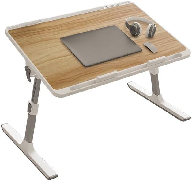 Woodgrain Foldable Laptop Desk Wide Area XX-Large 27.6X17.7In, 8 Heights& Angles Adjustable Bed Table, Study Tray Laptop Stand for Bed, Couch Sofa with 2 Stoppers