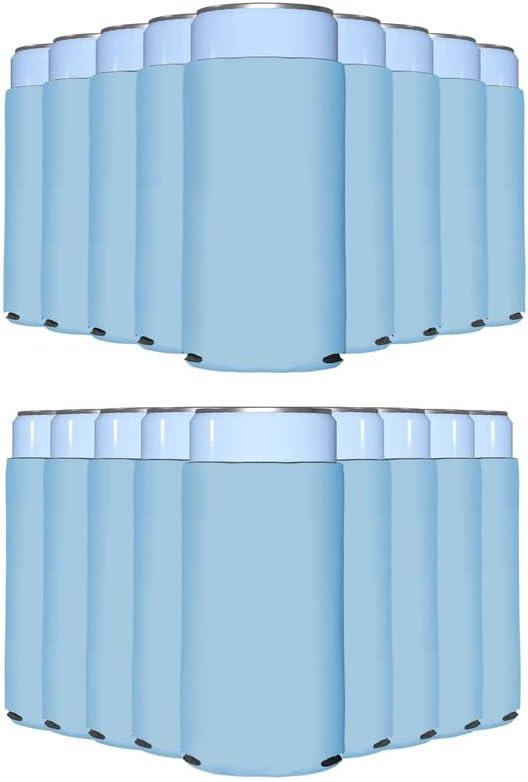 PartyPrints 25 Pack Placid Blue Blank Slim Can Cooler Sleeves | Plain Seltzer Customizable Bulk Coolers for Beer Bottles & 12oz Tall Cans | Skinny Collapsible Drink Insulated Sleeve