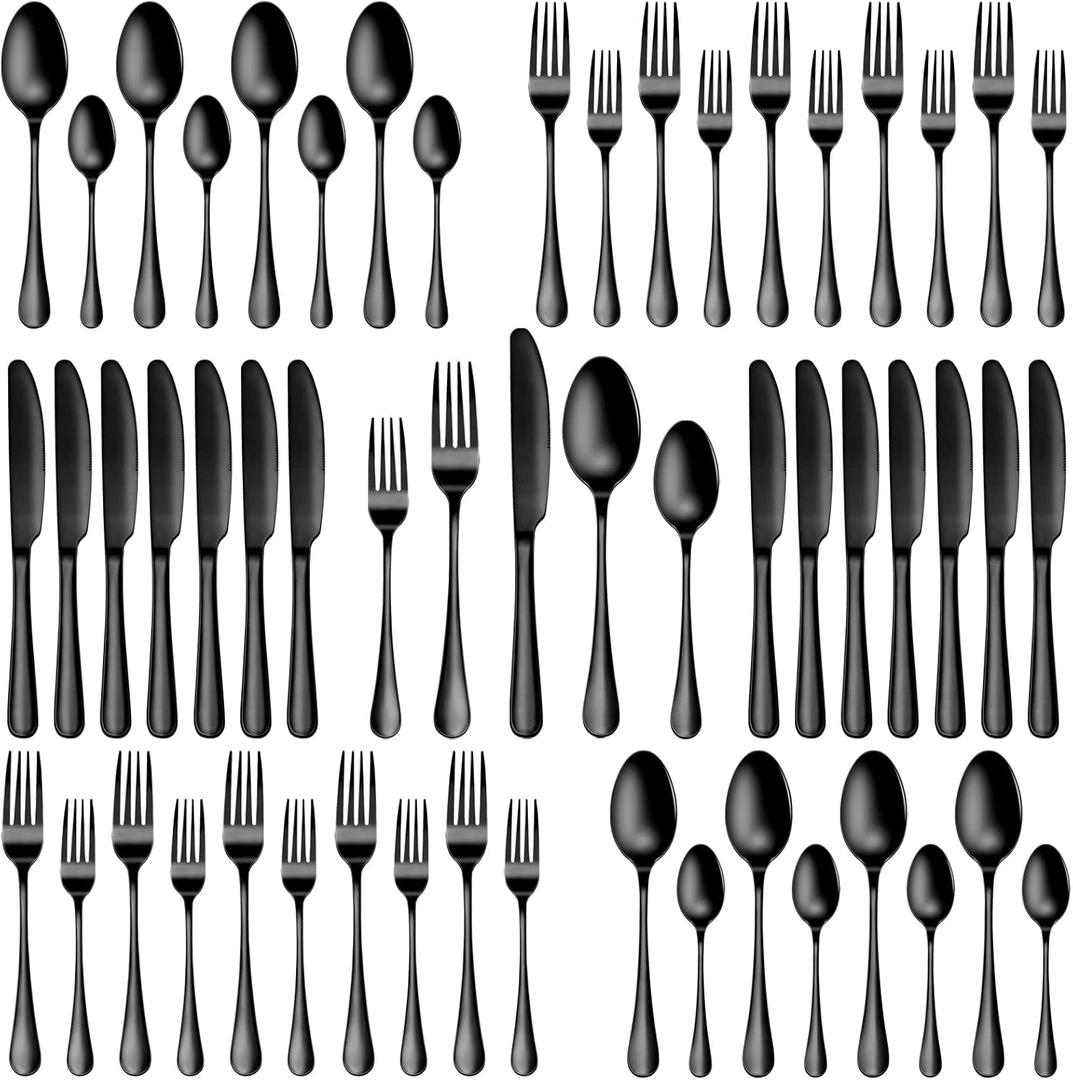 40 Pcs Black Silverware Set, Stainless Steel Flatware Set for 8, Food-Grade Cutlery Set, Mirror Polished Tableware Eating Utensils Set for Home Kitchen, Include Knife Fork Spoon Set, Dishwasher Safe (Round Handle 40 Pieces)