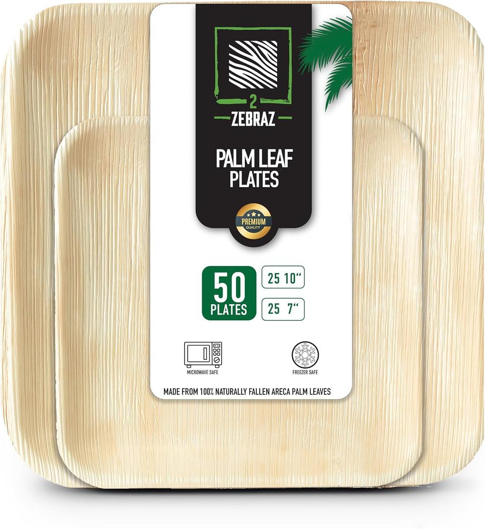 Premium Palm Leaf Disposable Plates  50pc Square Set: 25pc 10 and 25pc 7, Heavy-Duty, Microwave Safe, Natural Alternative to Plastic, Ideal for Parties, Weddings, Events, and Everyday Use
