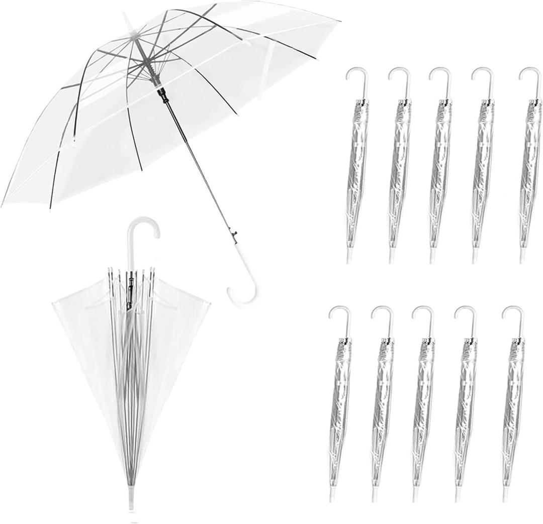 10 Pack Clear Wedding Umbrellas Bulk Transparent Auto Open Close Windproof Waterproof Stick Umbrellas with White J-Hook Handle for Brides, Grooms, Photography & Outdoor Events