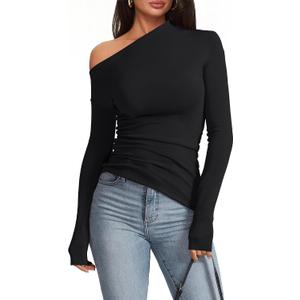 Meetrendi Women's Sexy Off Shoulder Tops Dressy Long Sleeve Asymmetrical Slim Fit Going Out Blouse Ruched Shirts 2026 (Black, M)