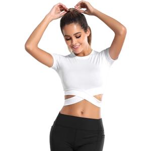 DREAM SLIM Short Sleeve Crop Tops for Women Tummy Cross Fitted Yoga Running Shirts Gym Workout Cropped Tank Tops (White, XS)