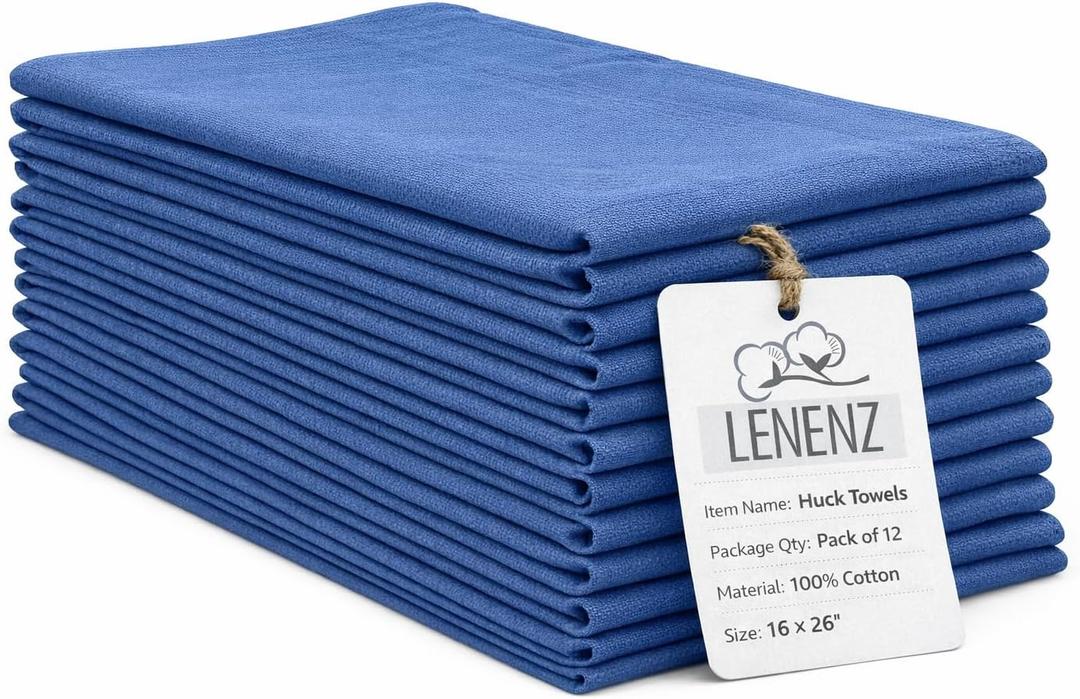 Super Plush Surgical Huck Towels - Pack of 12 Blue Cleaning Rags 16'' x 26'' - 100% Cotton Lint Free Huck Towel Ideal for Auto Detailing Perfect For Windows, Metal and Glass Cleaning