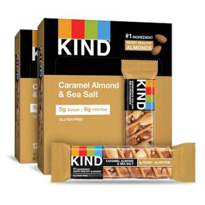 KIND Nut Bars, Caramel Almond & Sea Salt, Healthy Snacks, Gluten Free, Low Sugar, 6g Protein, Count of 24, BB 09/05/2025