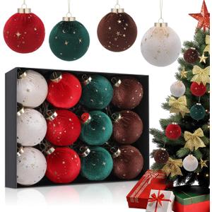 Liliful 12 Pcs 4 Color Velvet Christmas Balls and Stars 3.15 Inch Flocked Christmas Tree Ball Ornaments Plastic Ball Decorations with Gift Box for Xmas Tree, Party, Holiday, Wedding