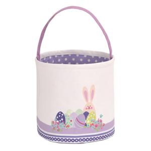 LessMo Easter Bunny Basket Egg Buckets, Purple Cute Personalized Canvas Cotton Tote Bags Egg Hunt Basket for Easter Party Gifts, 9.2"D x 9.2"W x 9.6"H