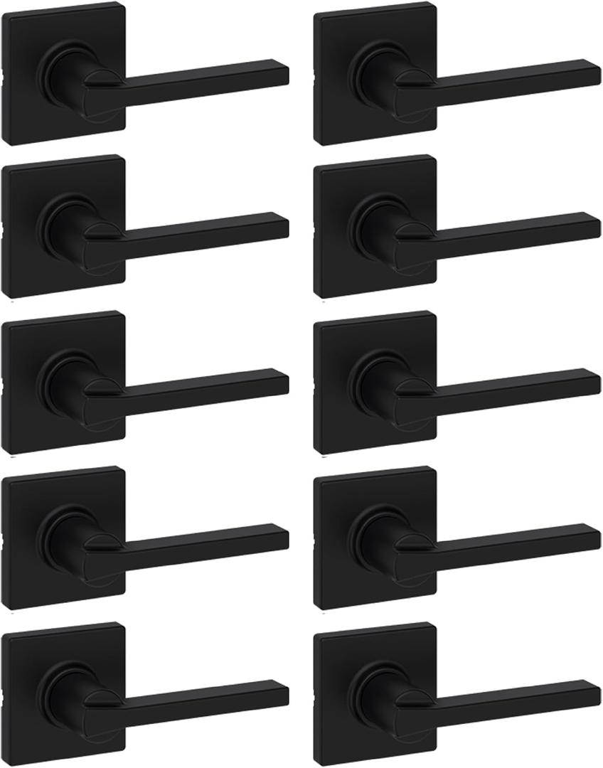 Kwikset Casey Interior Passage Door Handle 10 Pack, Lever for Closet and Hallway Doors, Reversible Non-Locking Handle Lever, Matte Black, with Microban Protection