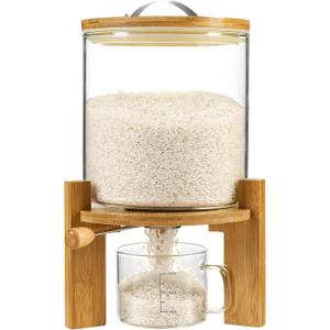 Rice Dispenser, Rice Storage ContainerFlour and Cereal Container with Airtight Lid and Wooden Stand, Glass Food Storge Container for Kitchen Organization and Pantry Store (5L), Medium