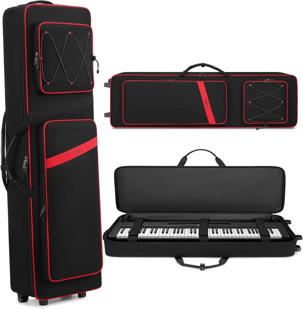 BOSSTIN 88 Key Keyboard Case with Wheels, Inner Size: 52.5"x 15"x 7", Waterproof Padded Rolling Gig Bag Keyboard Piano Case for 88 Key Piano Keyboard (Red)