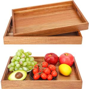 3 PCS Acacia Wood Serving Tray with Handles - 15 x 10 Inch Elegant Rectangle Wooden Tray for Food, Decorative Snack Tray, Breakfast and Kitchen Tray, Ideal Wooden Serving Platter for Homes