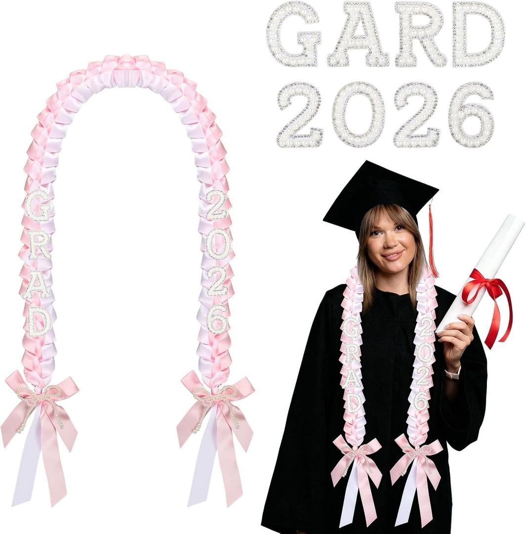 Suncalla 2026 Graduation Lei Ivory Pink Bow Braided Ribbon Necklace Kit Graduation Ceremony Gift Photo Props for College Graduate DIY Decors Party Supplies Gown Accessories