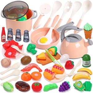 CUTE STONE Toy Kitchen Accessories Set, Play Food Sets for Kids Kitchen, Kids Cooking Sets with Play Pots and Pans, Utensils Cookware Toys, Toddler Kitchen Playset, Play Kitchen Toy for Girls Boys (Pink)