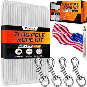 [Upgraded] 5/16 100Ft Flagpole Rope Kit with 4 Pcs 3.3 Swivel Snap Hook - High Weight Bearing Anti-Tearing Utility Rope with Durable ZinC Alloy Swivel Hooks - Flag Pole Accessories Replacement Kit