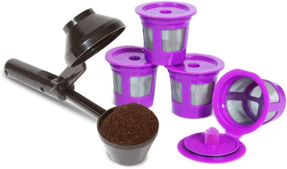 2-Item Bundle: 4-Pack Cafe Save 1-Stream Reusable K Cup Coffee Filters + EZ-Scoop 2 Tbsp Scoop with Integrated Funnel, Refillable Pod Capsule For Use with Keurig & Select Single Cup Coffee Maker