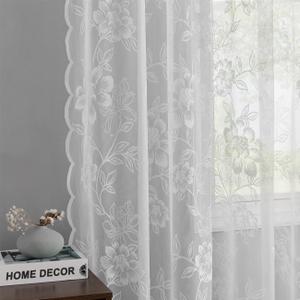 FINECITY White Lace Curtains 84 Inch Length for Bedroom, Vintage Embroidered Leaf Floral Privacy Sheer Lace Curtains 2 Panels Set, Rod Pocket Scalloped Lace Window Treament Panels, 52 x 84 Inch, White