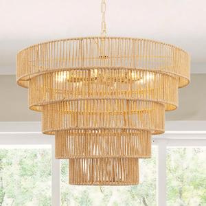 DORESshop 8-Light Boho Rattan Chandelier for Dining Room, 5-Tier Hand-Woven Brown Farmhouse Chandelier, Adjustable Height, Wicker Rattan for Dining Room, Kitchen Island, Living Room, 25.6