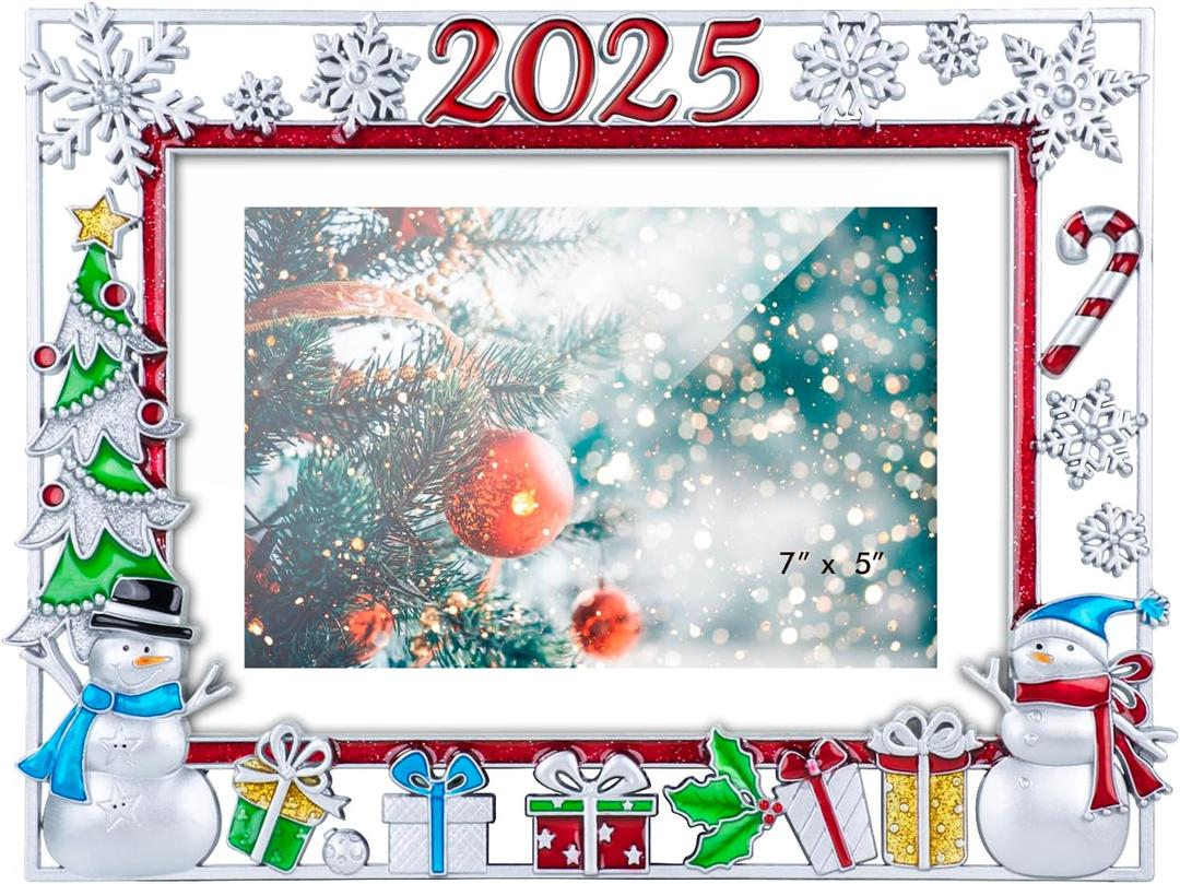 GUOER Picture Photo Frame 5x7 Inch Snowflake Christmas Metal Photo Display Photo Picture Frames with High Definition Glass Front Gift Ideas Tabletop Home Decorative (Red 2025 Horizontal)